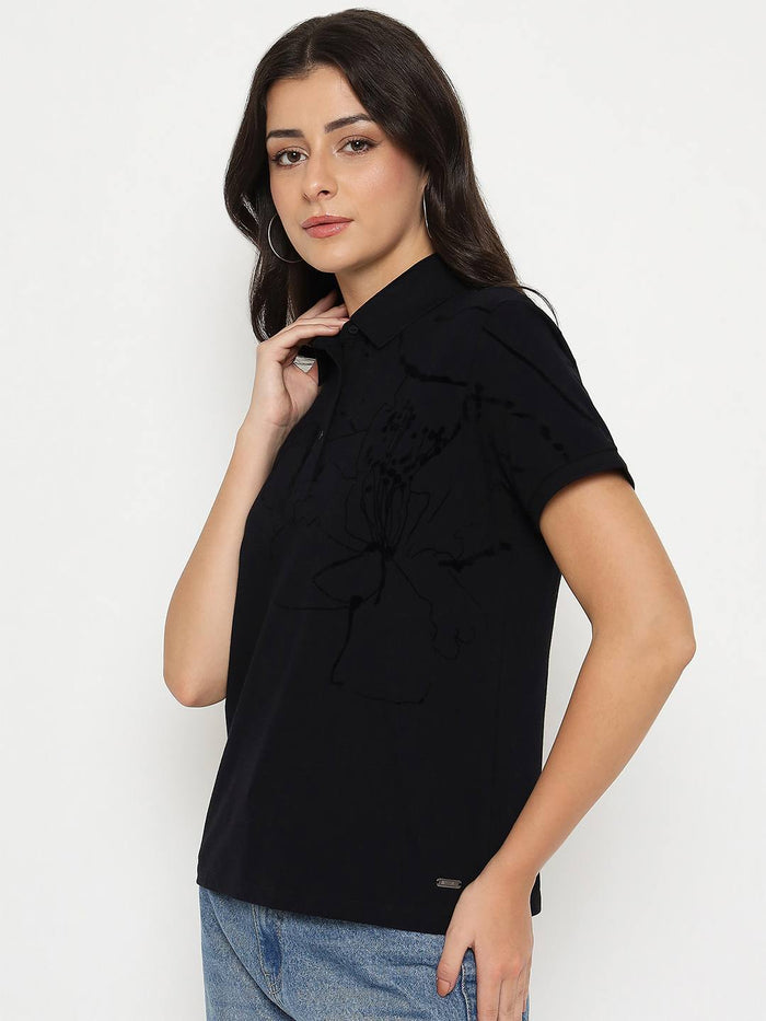 Madame Solid Black Cotton Blend T-Shirt
