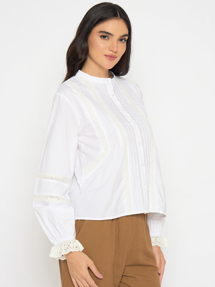 Madame Solid White Puff Sleeve Cotton Shirt