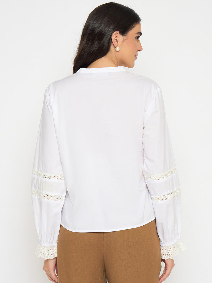 Madame Solid White Puff Sleeve Cotton Shirt