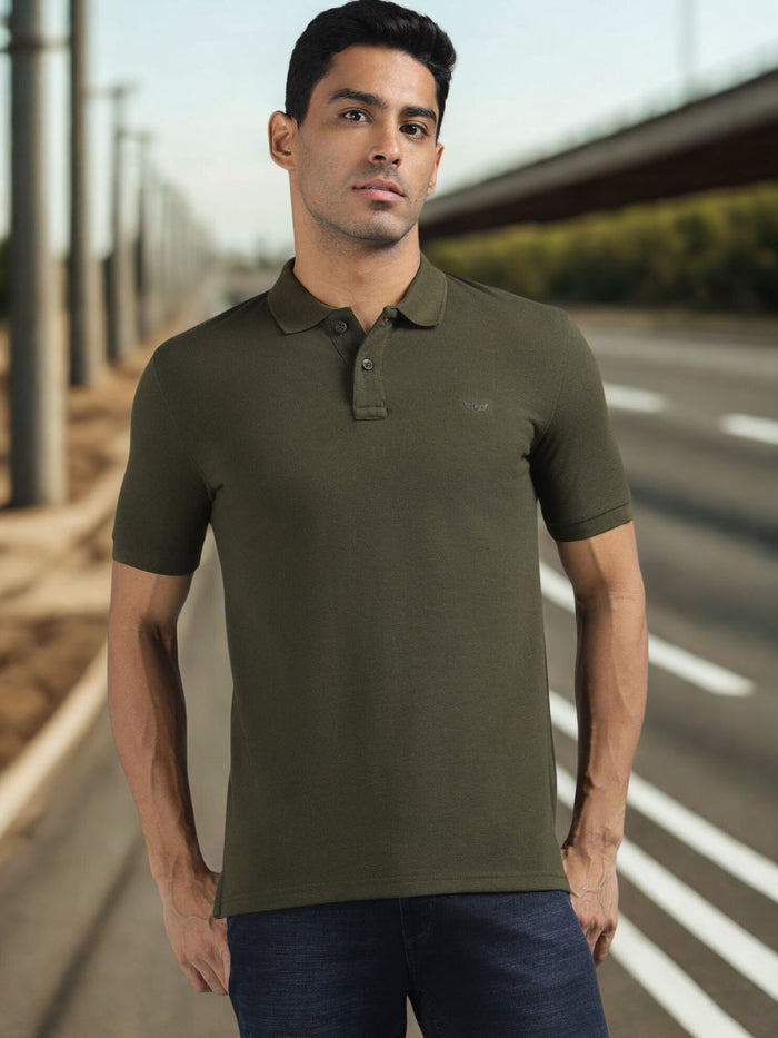 Men Dark Olive Regular Fit Solid Polo Neck T-shirt