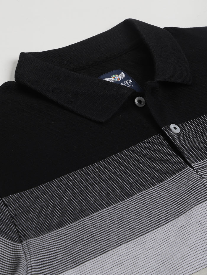 Men Ecru Regular Fit Striped Polo Neck T-Shirt
