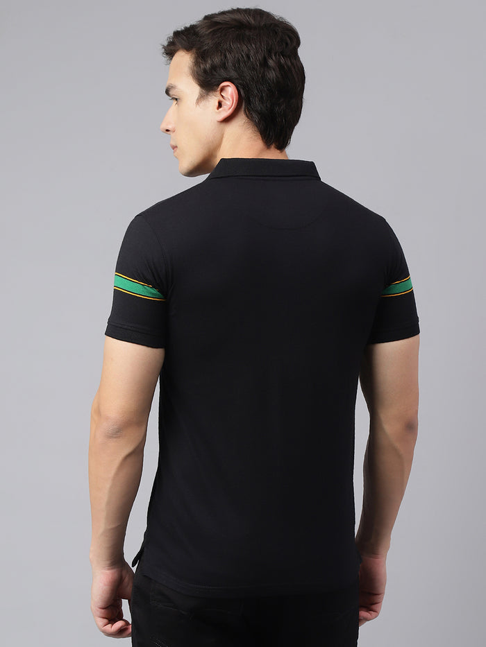 Men's Black Regular Fit Striped Polo T-Shirt