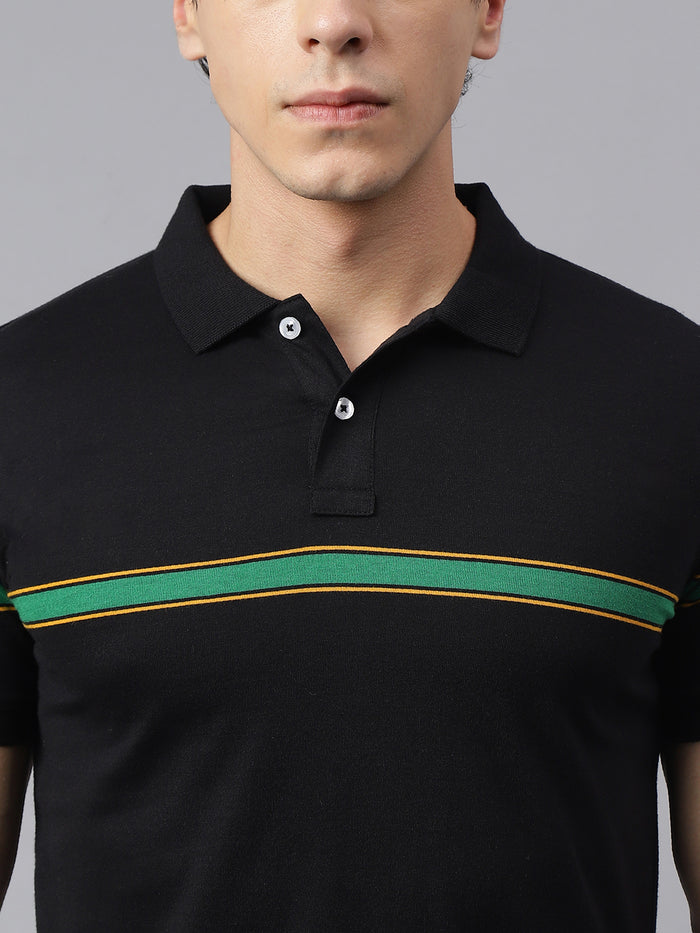 Men's Black Regular Fit Striped Polo T-Shirt