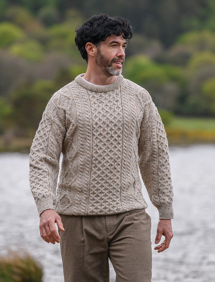 Men's Cable Knit Crew Neck Aran Wool Sweater - Skiddaw #color_skiddaw