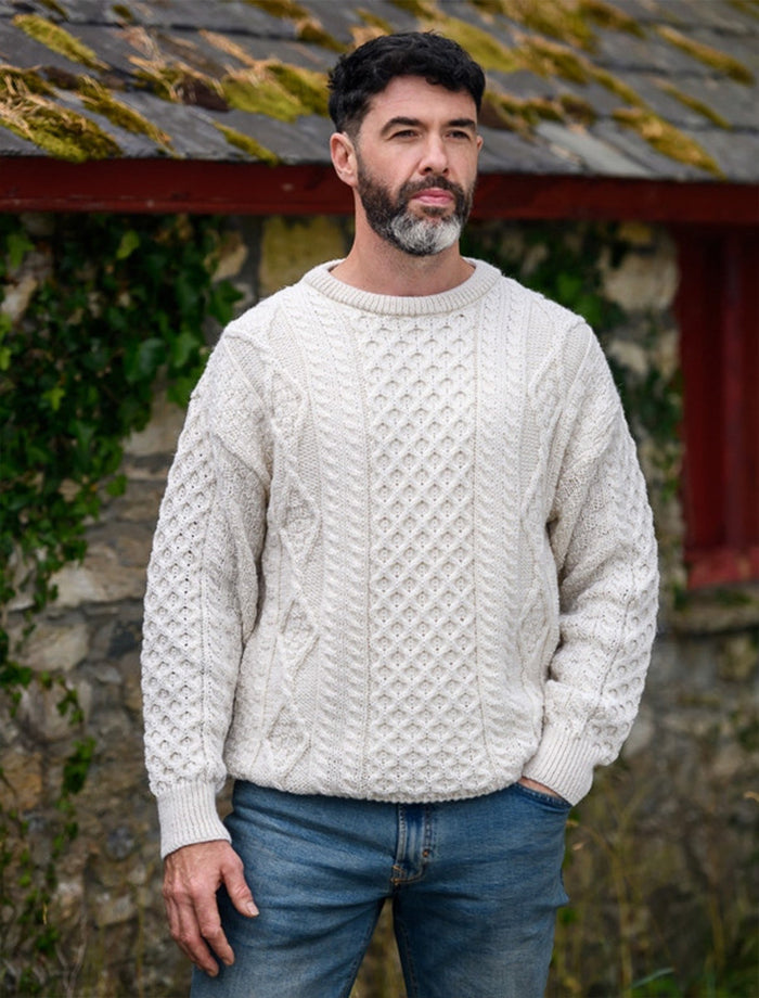 Men's Cable Knit Crew Neck Aran Wool Sweater - Natural White  #color_natural-white