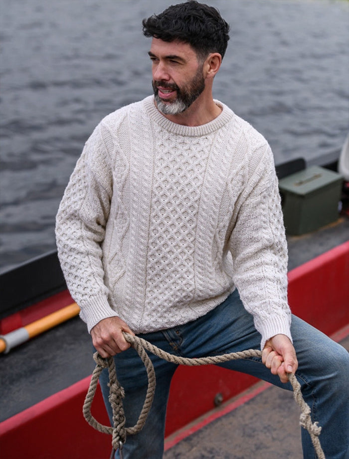 Men's Cable Knit Crew Neck Aran Wool Sweater - Natural White #color_natural-white