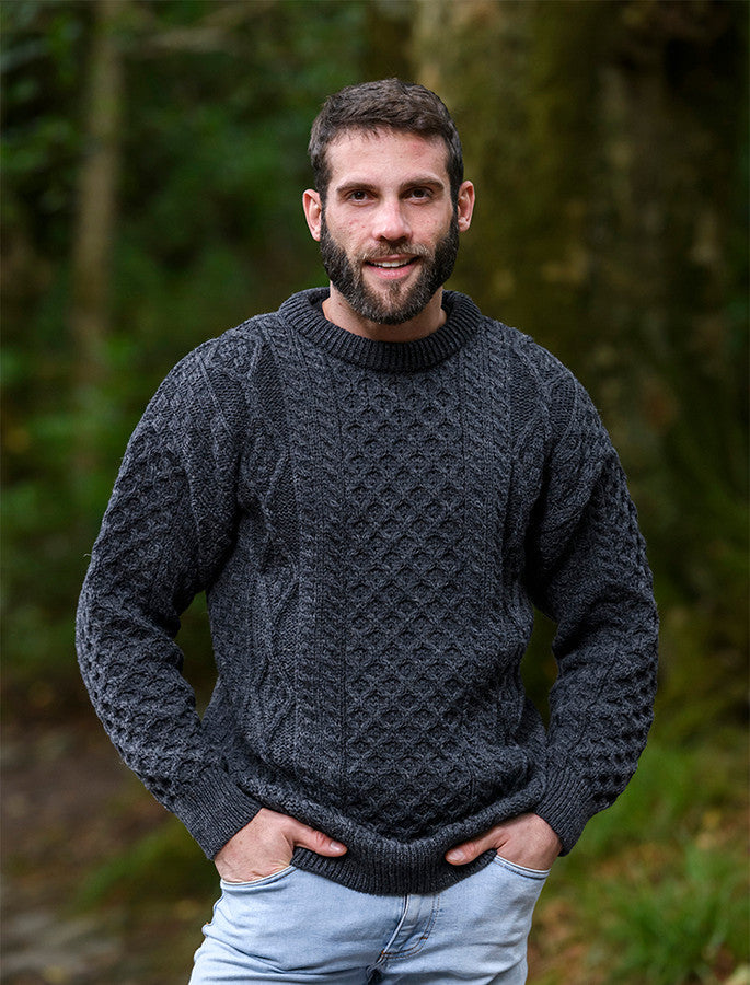 Men's Cable Knit Crew Neck Aran Wool Sweater - Black #color_charcoal