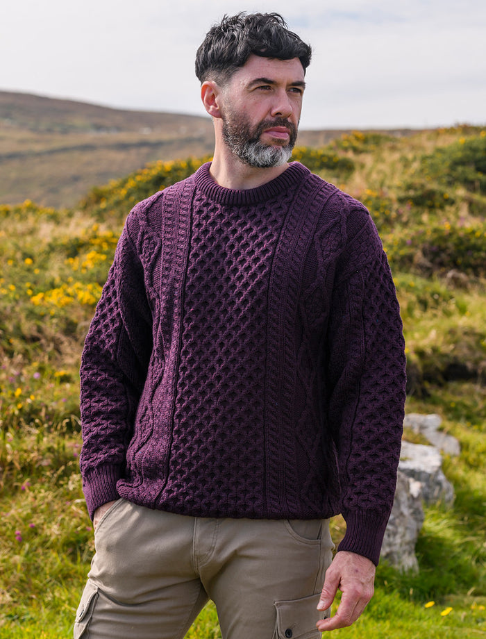 Men's Cable Knit Crew Neck Aran Wool Sweater - Grape #color_grape