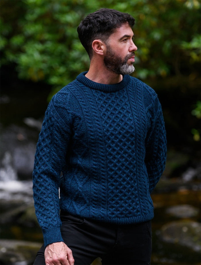 Men's Cable Knit Crew Neck Aran Wool Sweater - Navy #color_navy