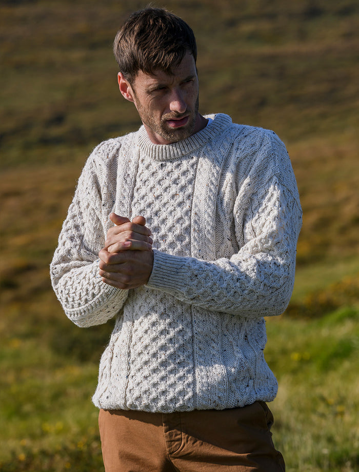 Men's Cable Knit Crew Neck Aran Wool Sweater - White Fleck #color_white-with-fleck