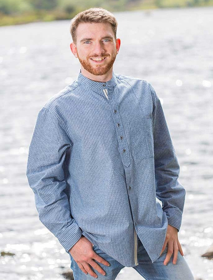 Men's Vintage Cotton Grandfather Shirt #color_blue-white-pin-stripe