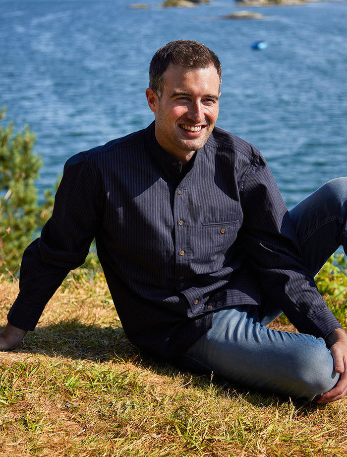 Men's Comfort Cotton Grandfather Shirt - Navy & White Stripe #color_navy-and-white-stripe