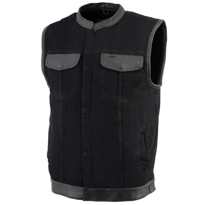 Milwaukee Leather MDM3010 men's black denim club vest closed front view