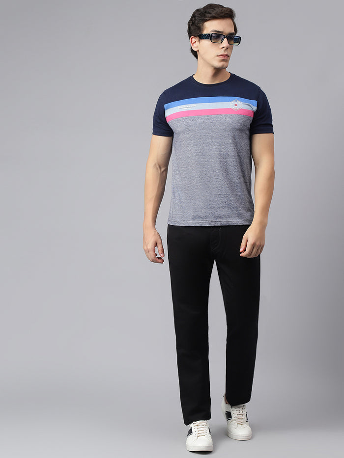 Men's Navy Blue & Grey Color Blocked T-Shirt