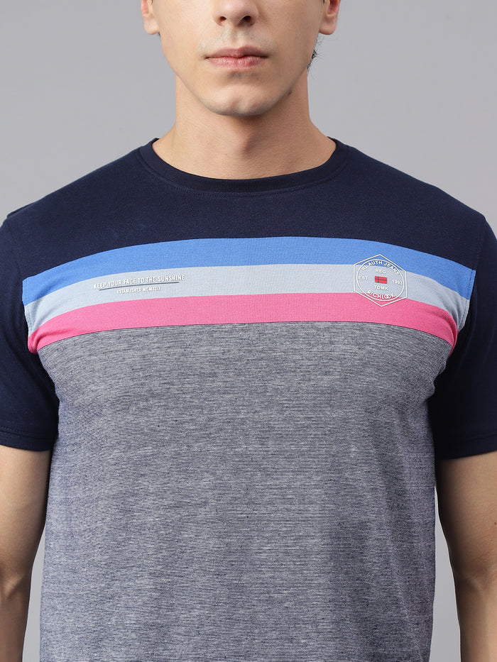 Men's Navy Blue & Grey Color Blocked T-Shirt