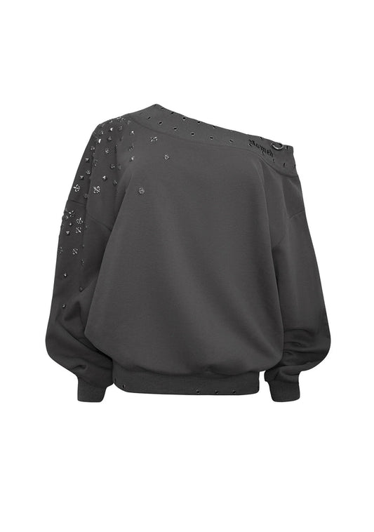 MIDNIGHT STUDDED OFF THE SHOULDER SWEATER CHARCOAL