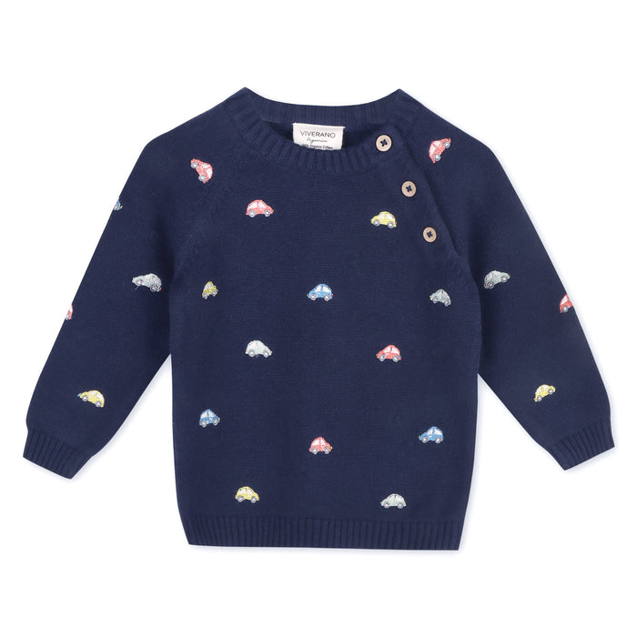 Mini Beetle Cars Embroidered Baby Sweater (Organic)/ Navy Blue - Wee Bee Baby Boutique