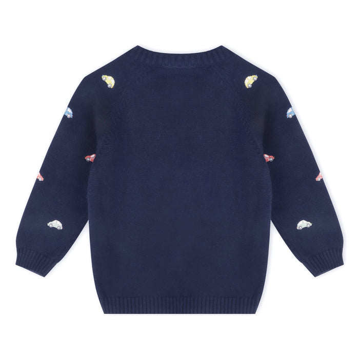 Mini Beetle Cars Embroidered Baby Sweater (Organic)/ Navy Blue - Wee Bee Baby Boutique