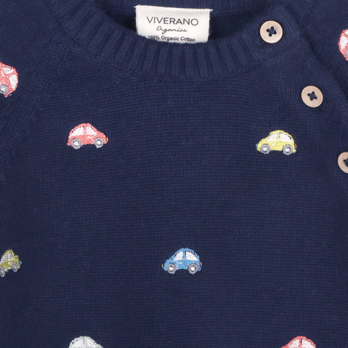 Mini Beetle Cars Embroidered Baby Sweater (Organic)/ Navy Blue - Wee Bee Baby Boutique
