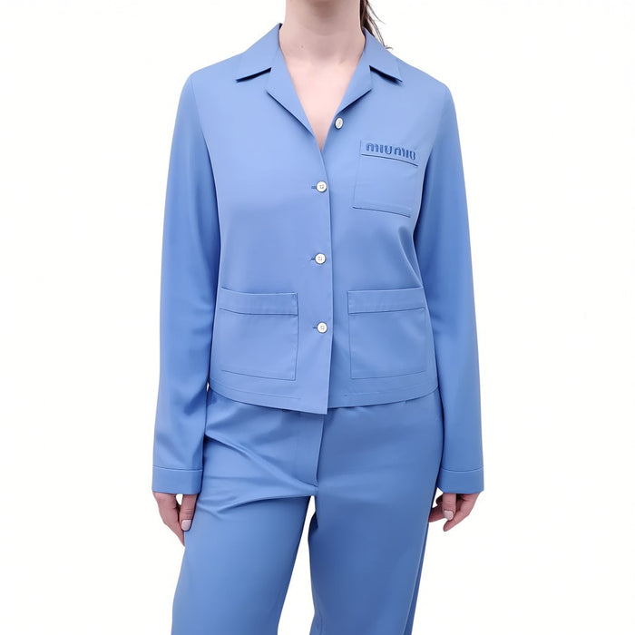 MIU MIU BLUE POPLIN PAJAMA LOGO BLOUSE AND PANTS SET - SIZE 36