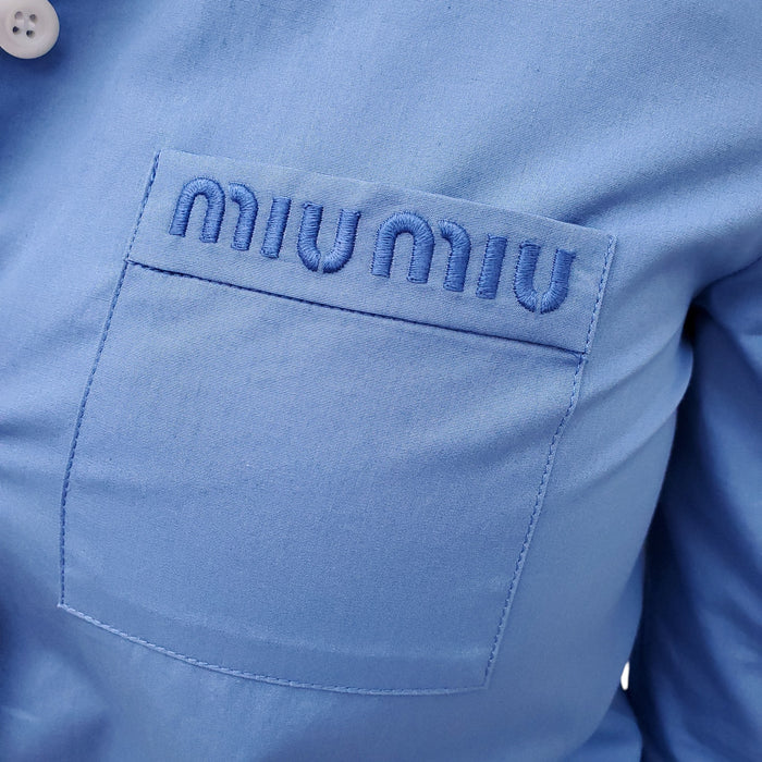 MIU MIU BLUE POPLIN PAJAMA LOGO BLOUSE AND PANTS SET - SIZE 36
