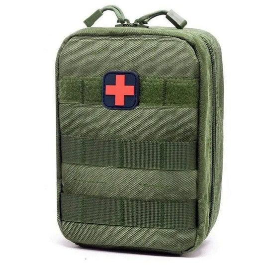 Green tactical pouch with a red cross patch on a white background.