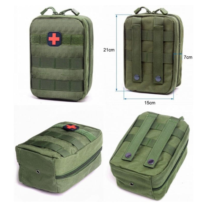 Green tactical pouch with medical cross design on a white background. Measurements are 21cm tall, 15cm wide, 7cm deep. Has MOLLE attachments.