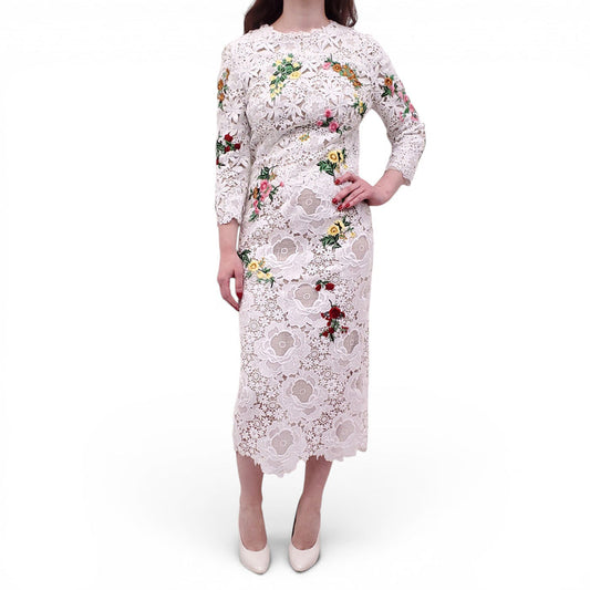 MONIQUE LHUILLIER WHITE EMBROIDERED FLORAL DRESS - SIZE 6