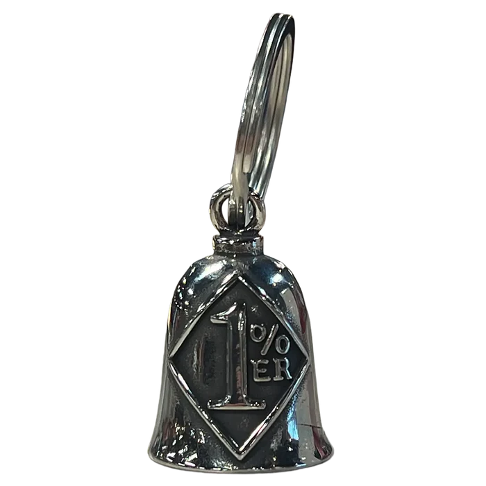 Silver motorcycle Guardian Bell with a diamond-shaped “1% ER” design engraved on the front, attached to a key ring.