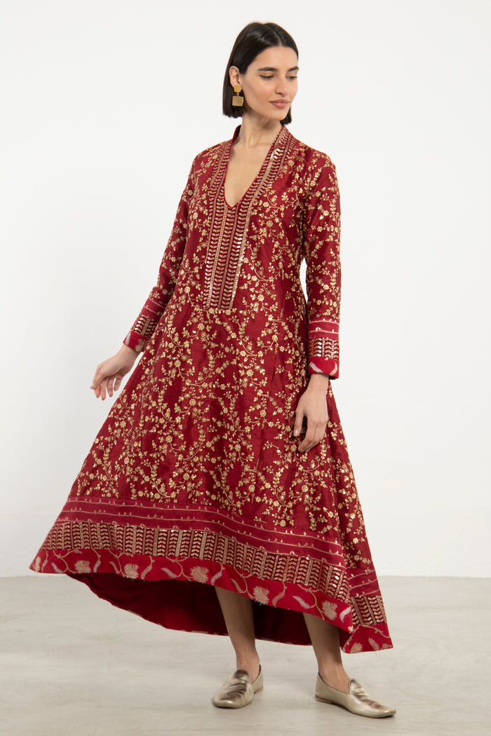 Nahar Silk Embroidered Burgundy & Gold Dress