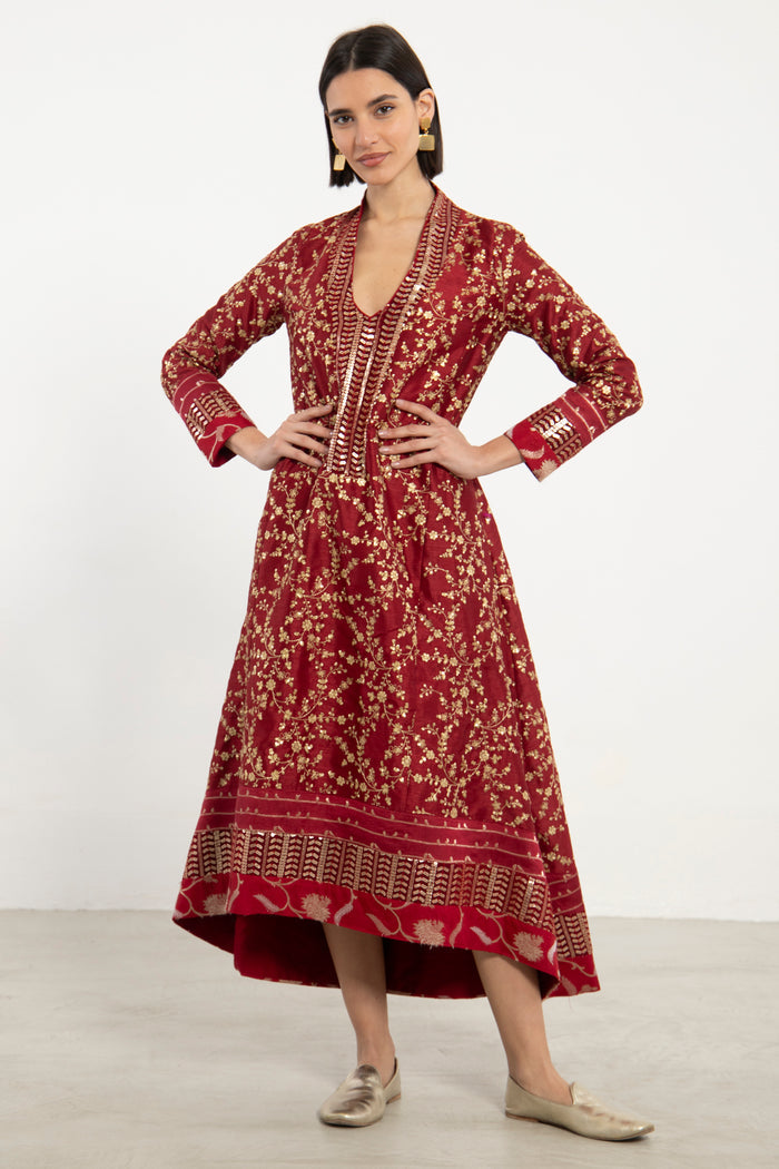 Nahar Silk Embroidered Burgundy & Gold Dress