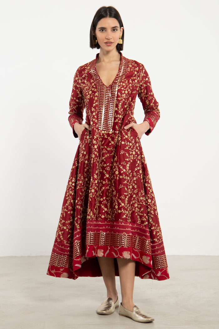 Nahar Silk Embroidered Burgundy & Gold Dress