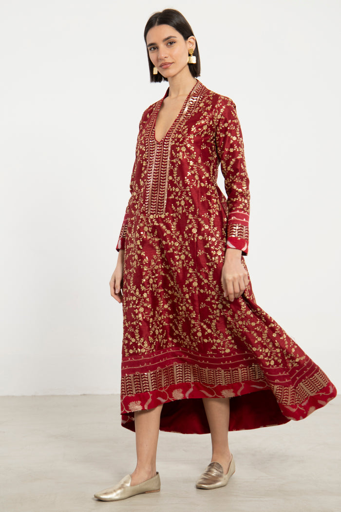 Nahar Silk Embroidered Burgundy & Gold Dress