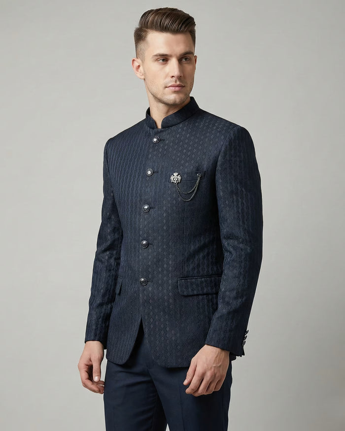 Navy Blue Jacquard Jodhpuri Suit