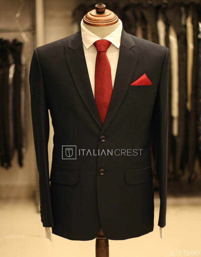 Navy Blue Wool Feel Peak Lapel Suit
