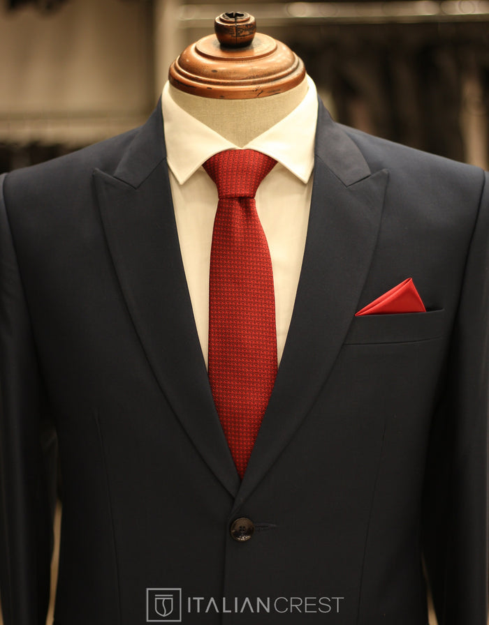 Navy Blue Wool Feel Peak Lapel Suit