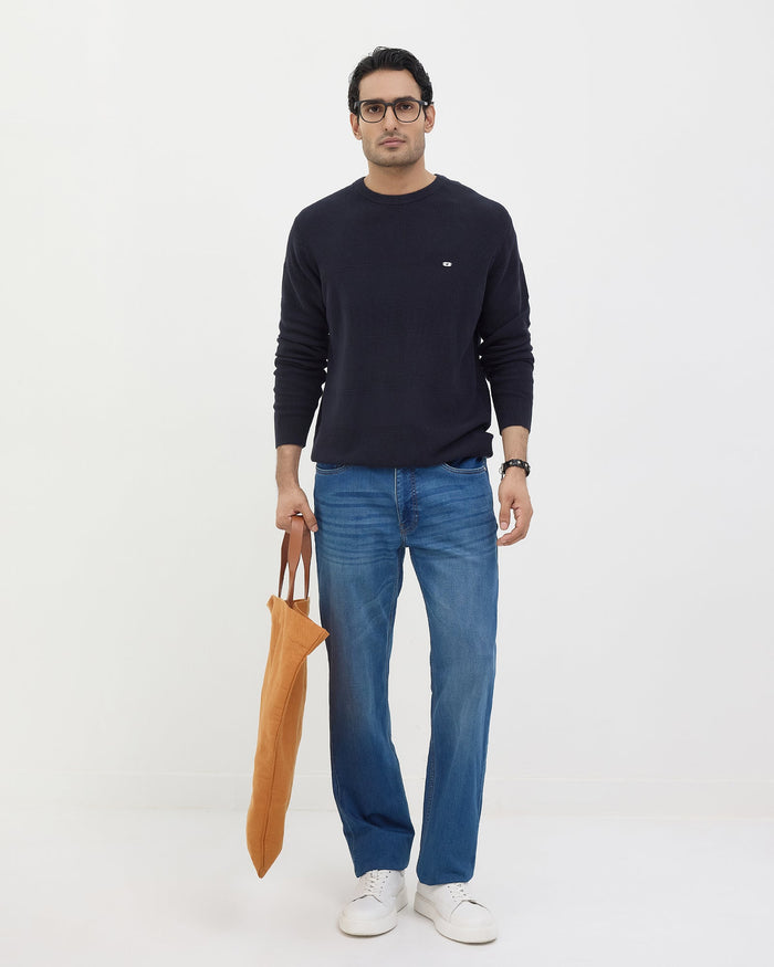 Navy Crew Neck Textured Sweater - Drool