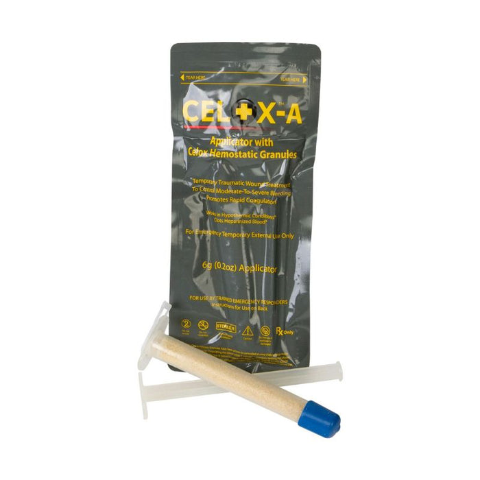 A package of North American Rescue Celox-A Hemostatic Agent with a visible applicator and granules.