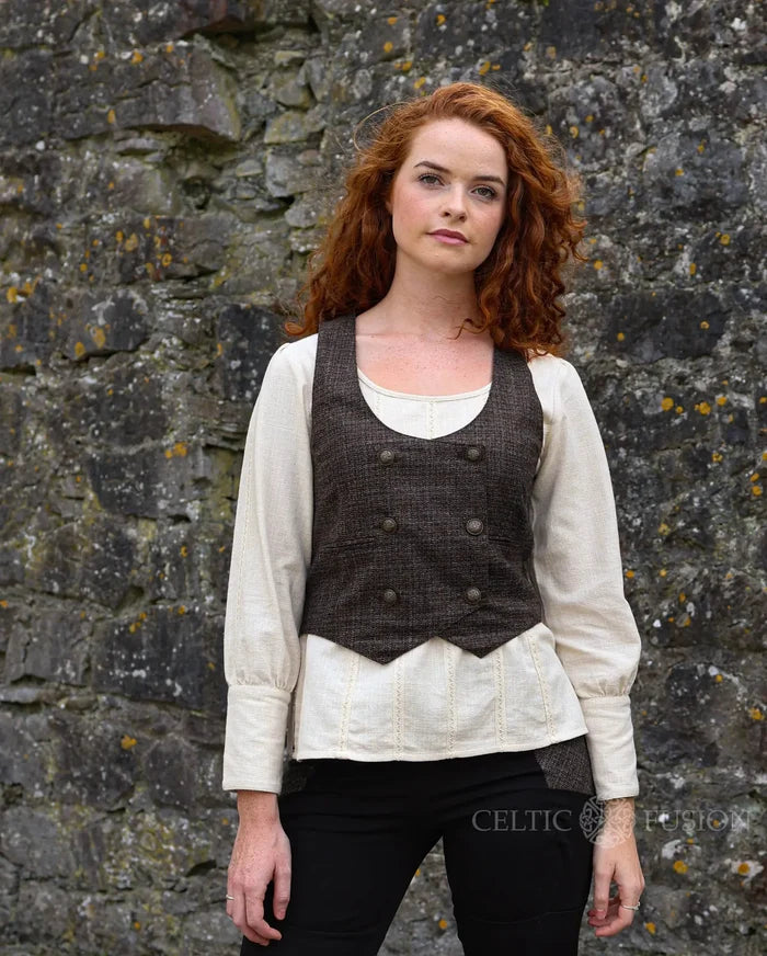 Oak Corset Vest in brown tweed with brass buttons and vintage styling by Irish designer Celtic fusion