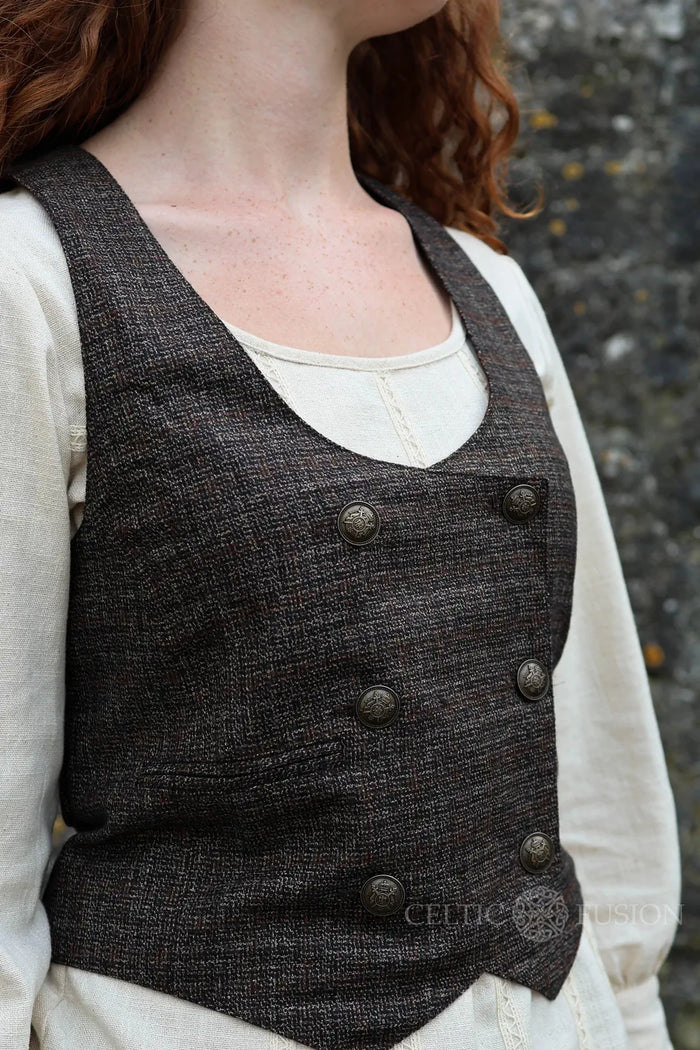 Womens Tweed Corset Waistcoat with coat of arms brass buttons and tailored vintage-inspired fit