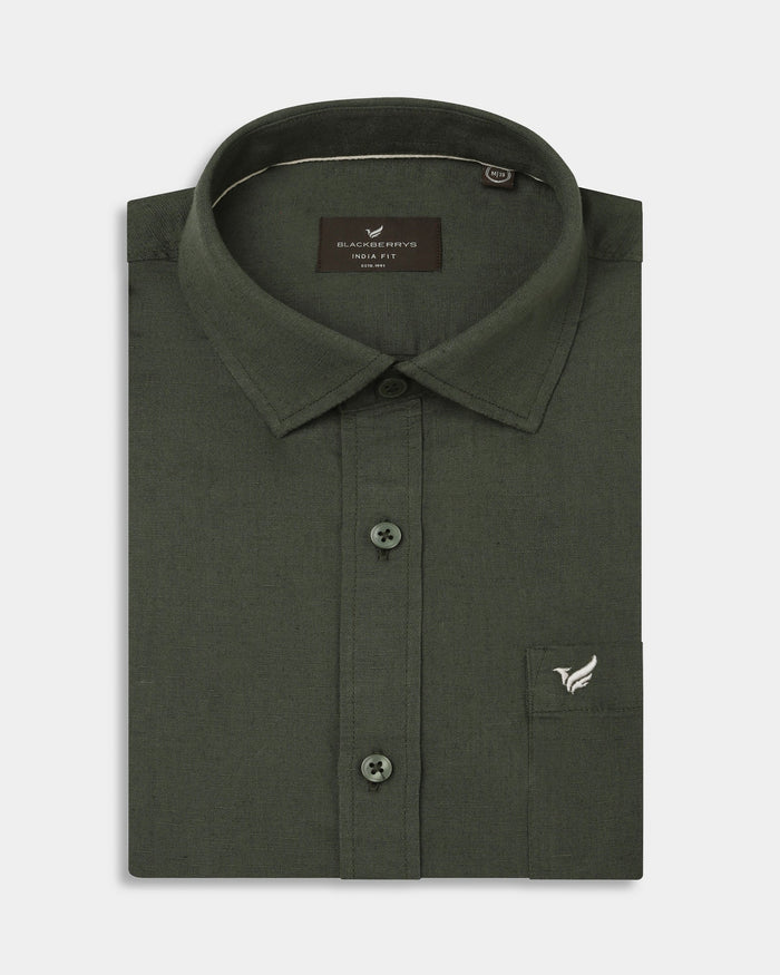 Olive Half Sleeve Linen Solid Shirt - Cleo
