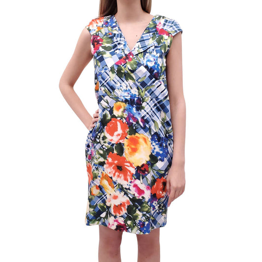 OSCAR DE LA RENTA BLUE CHECKERED FLORAL DRESS - SIZE 10
