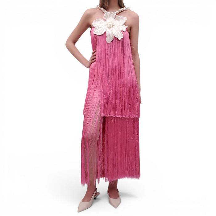 PATBO PINK FRINGE DRESS WITH PEARLS AND BEADED FLOWER DETAIL - SIZE 0