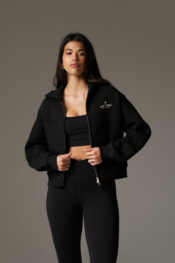 PILATES & PINOT ZIP THROUGH CROPPED HOODIE - BLACK