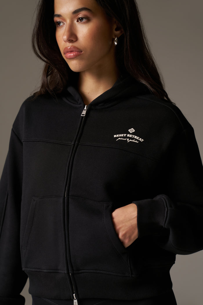 PILATES & PINOT ZIP THROUGH CROPPED HOODIE - BLACK