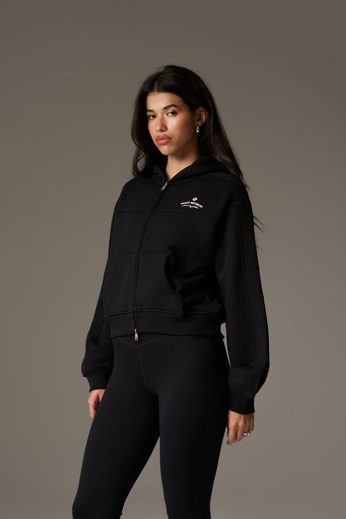 PILATES & PINOT ZIP THROUGH CROPPED HOODIE - BLACK