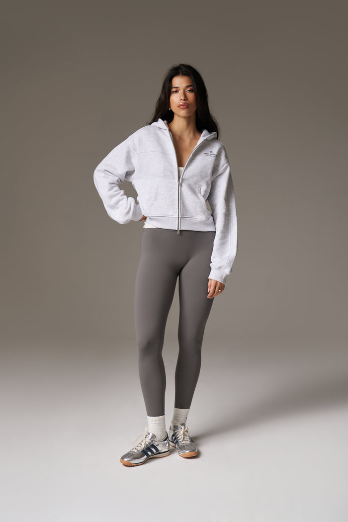 PILATES & PINOT ZIP THROUGH CROPPED HOODIE - GREY MARL