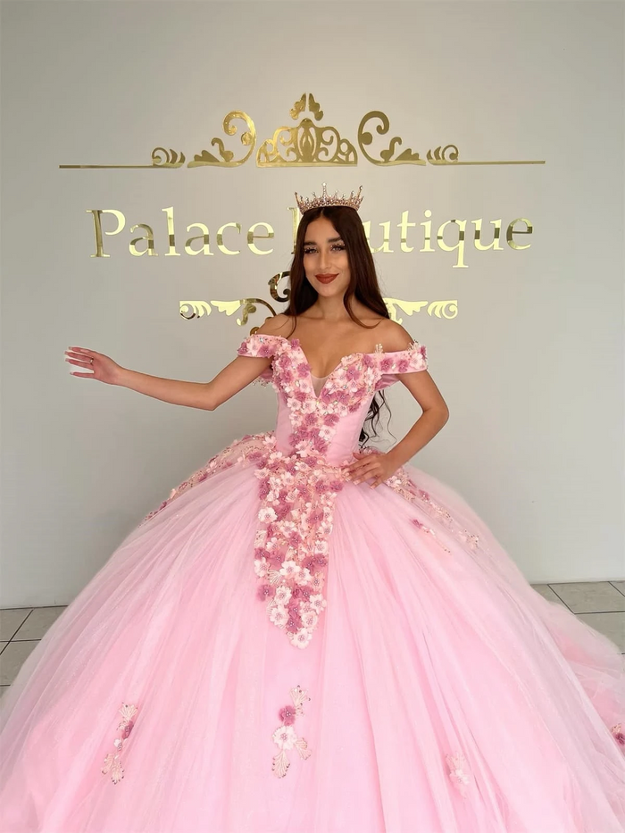 Pink Princess Quinceanera Dresses Ball Gown Off The Shoulder Tulle Appliques Sweet 16 Dresses 15 Años Custom
