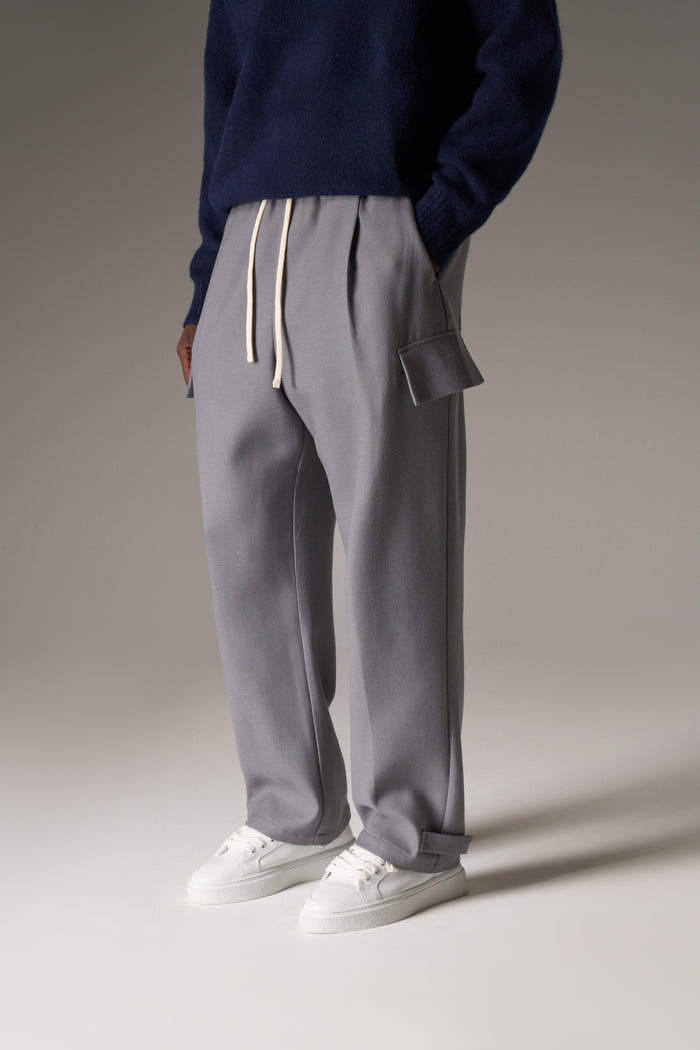 PLEATED WIDE LEG WOOL BLEND TROUSERS - GREY