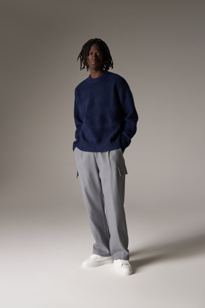 PLEATED WIDE LEG WOOL BLEND TROUSERS - GREY